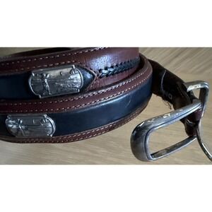 Onyx By Brighton golfer belt 40 Brown Black‎ Leather Golf Scene Silver Medallion